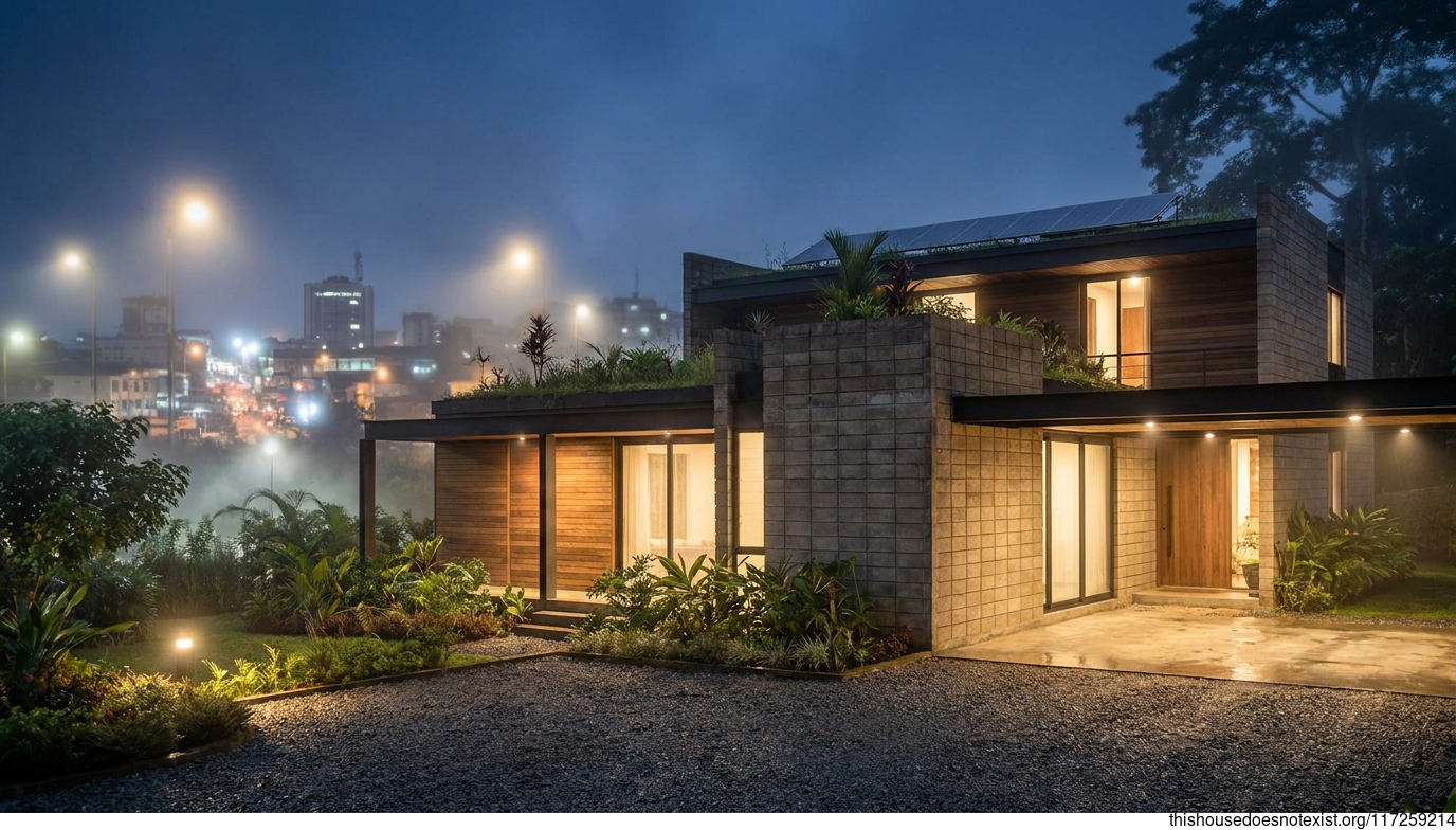 Modern Concrete Home at Night in Douala