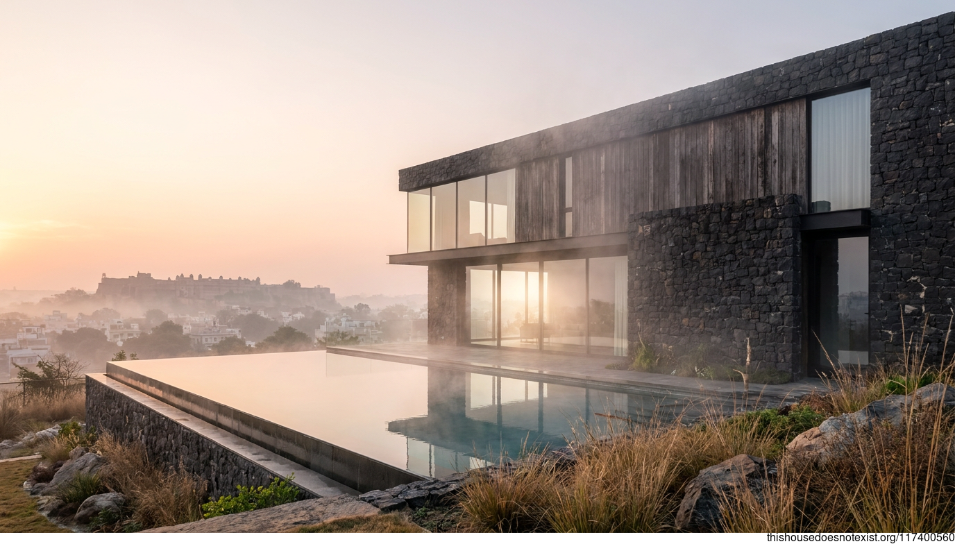 Minimalist Black Stone Villa at Sunrise