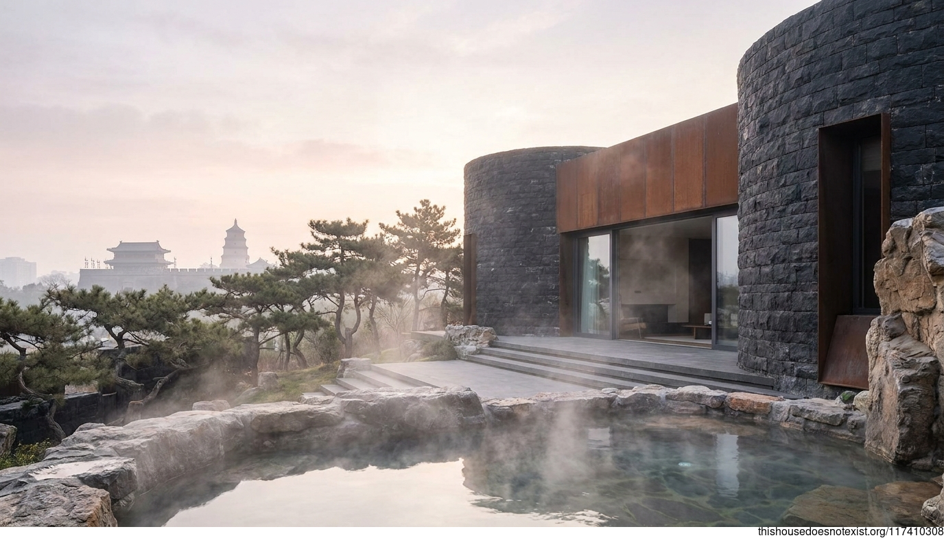 Circular Black Stone Hot Spring Residence