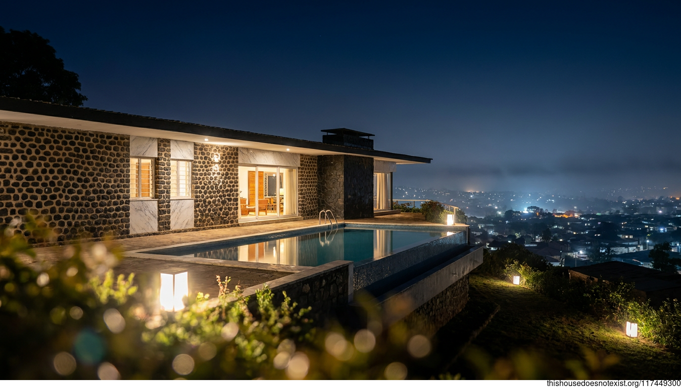 Round Black Stone Villa, Night Congo Pool