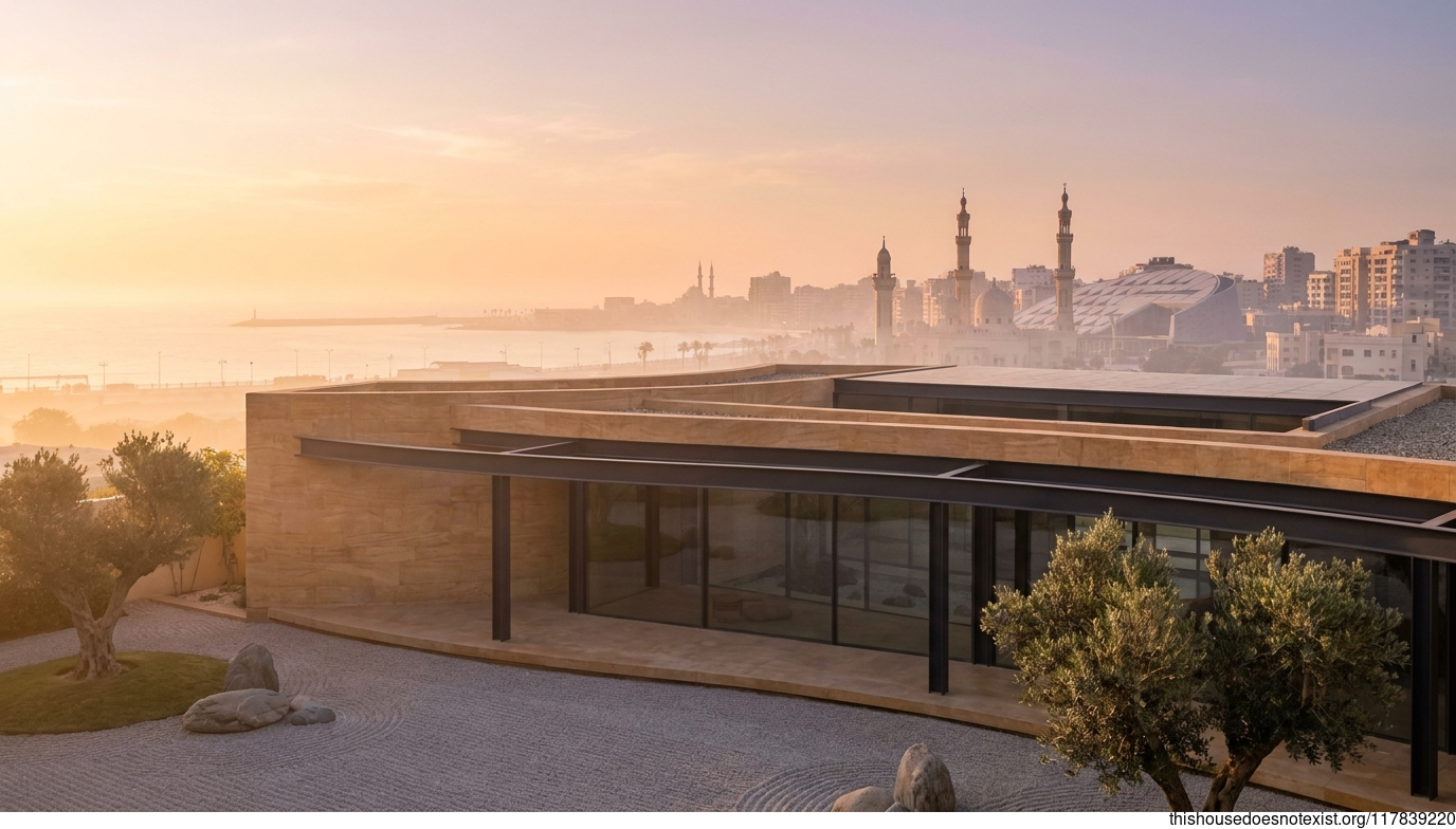 Minimalist sandstone curve meets sunrise glass