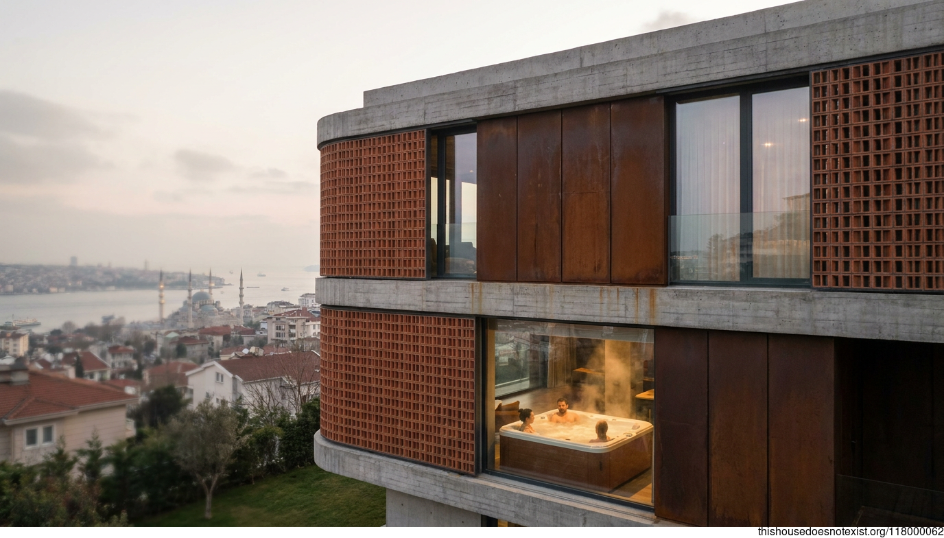 Brutalist Concrete House with Steaming Jacuzzi