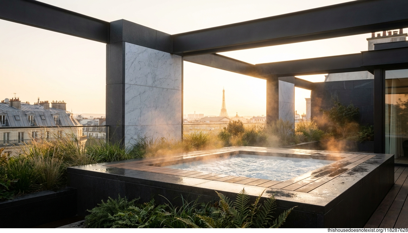 Mid-Century Paris Garden with Black Steel Jacuzzi
