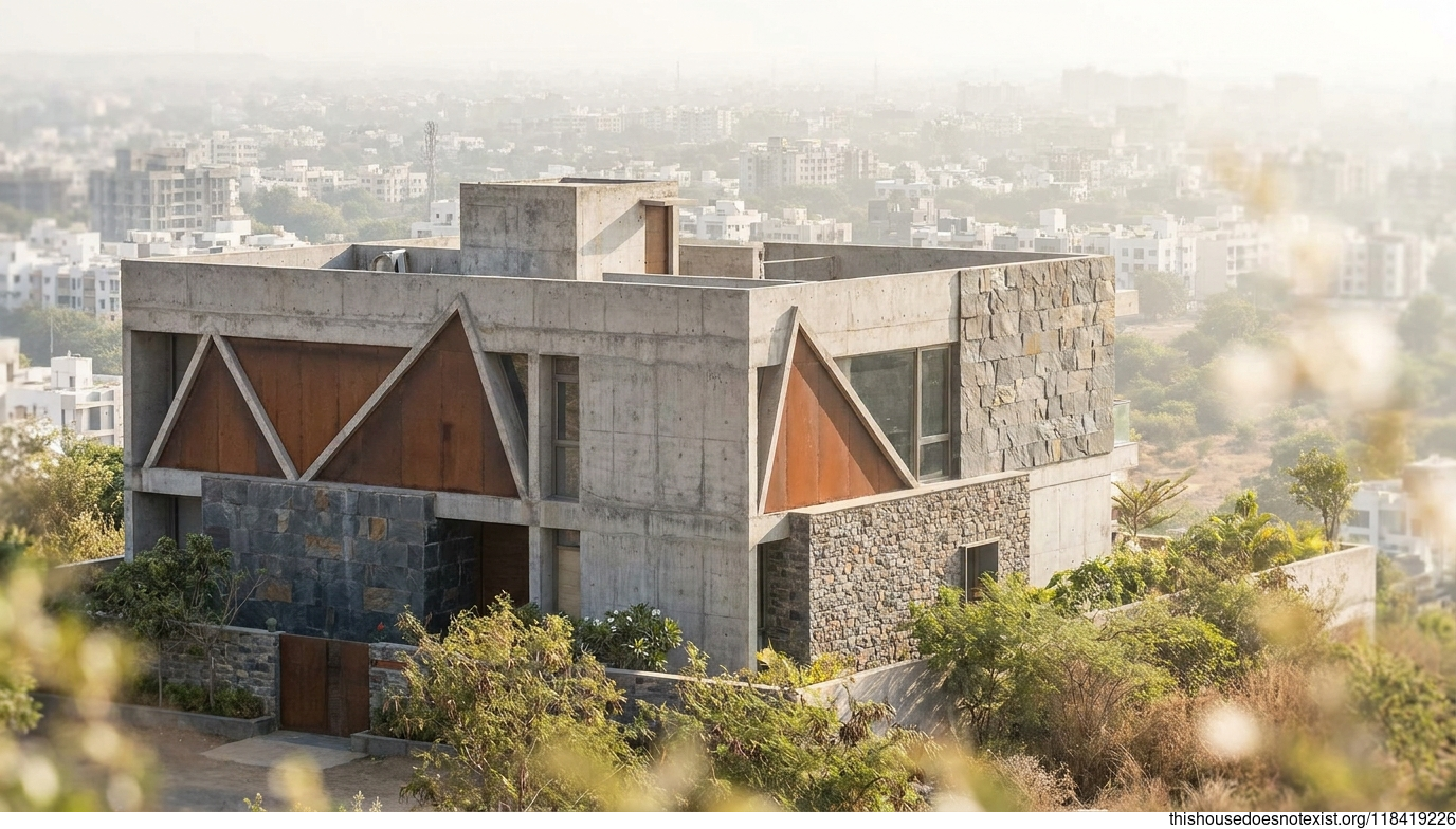 brutalist concrete triangle, rajkot daylight