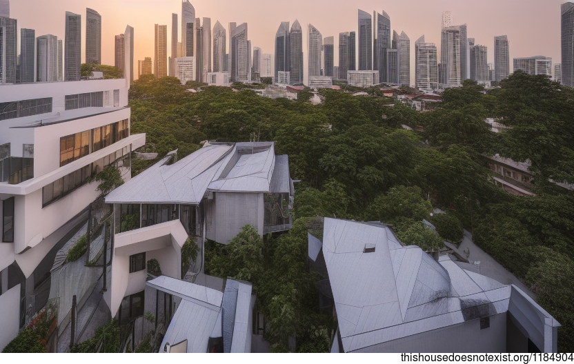 A modern architecture home in Singapore with an exposed bricks exterior and a view of the downtown skyline at sunrise