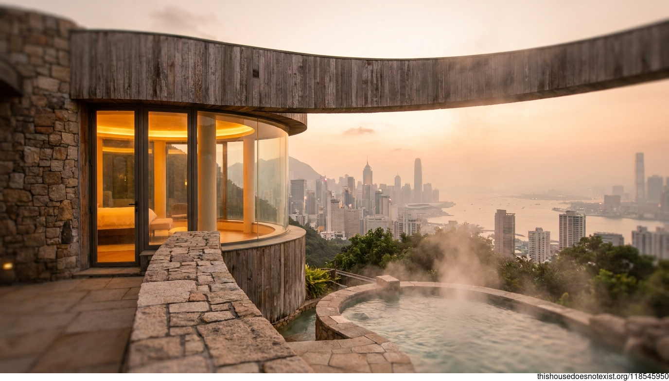 Curved Glass Sunset Over Hong Kong Hot Spring House