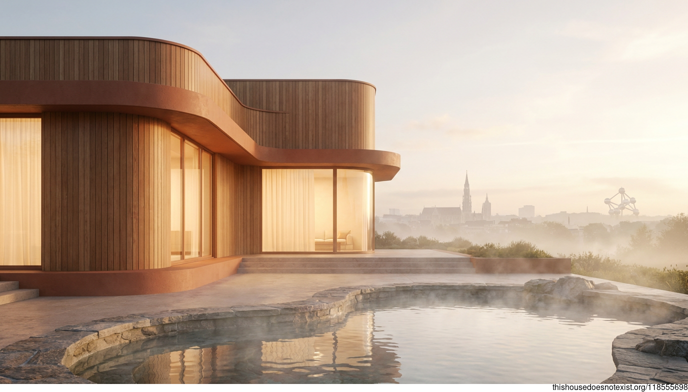 Curved Cedar Minimalist Terrace at Dawn