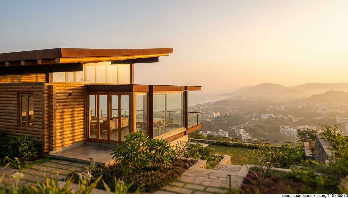 Round Timber Home at Sunset Visakhapatnam