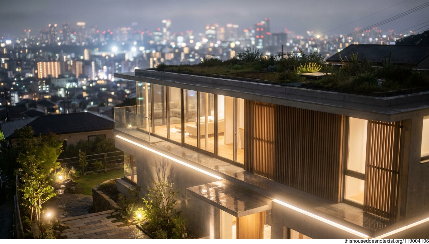 Osaka Nocturnal Concrete-Glass Timber Retreat