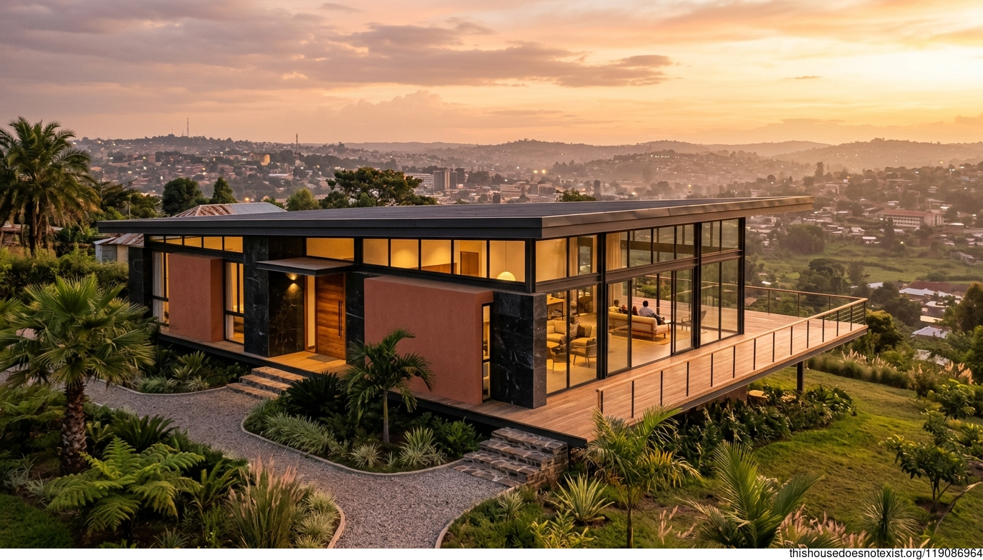 Polished Black Stone Mid-Century Sunset Home