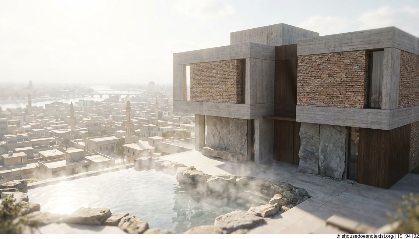 Brutalist Baghdad Brick House with Hot Springs