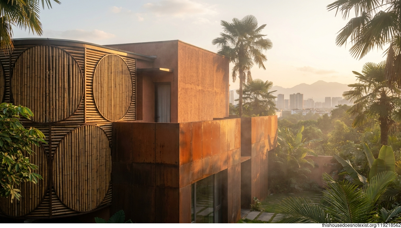 Circular Bamboo House at Chengdu Sunset