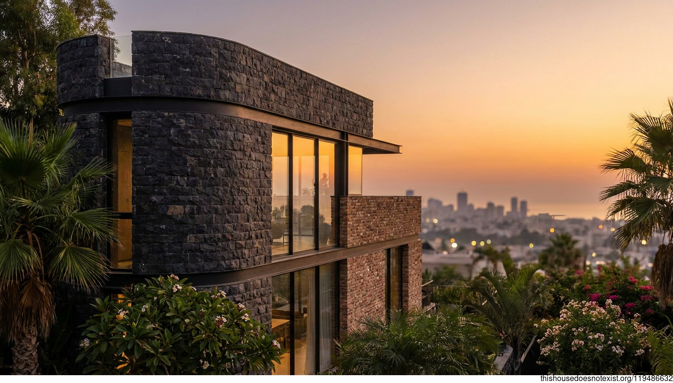 Curved Black Stone Sunset Residence