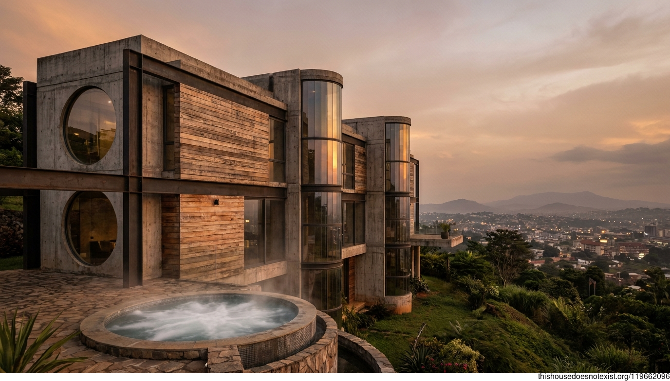 Brutalist Concrete Maximalist House, Yaoundé Sunset