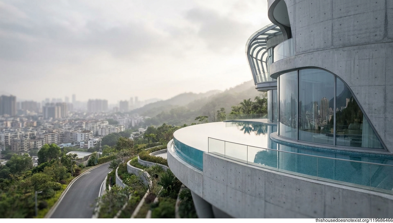 Futuristic Circular Concrete Villa, Fuzhou Daylight Pool
