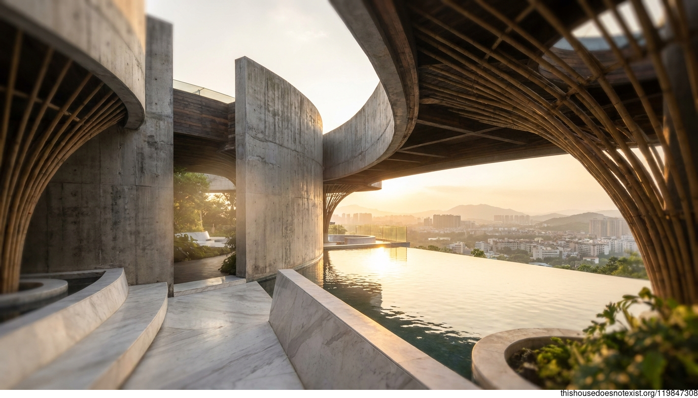 Curved Bamboo and Marble Infinity Pool