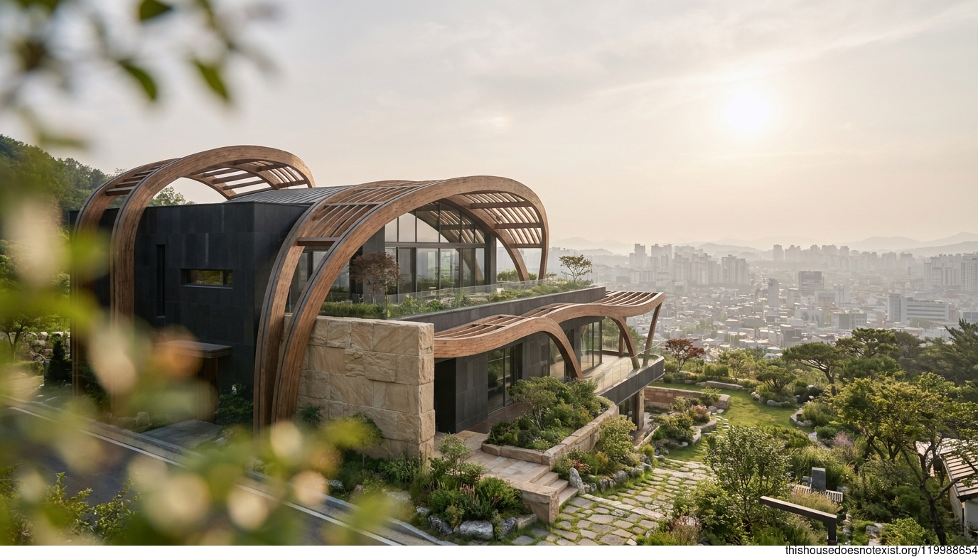 Curved Timber Maximalist Modern Residence Gwangju
