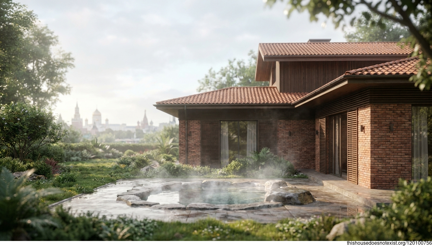 Modern Tropical Brick House in Moscow Daylight