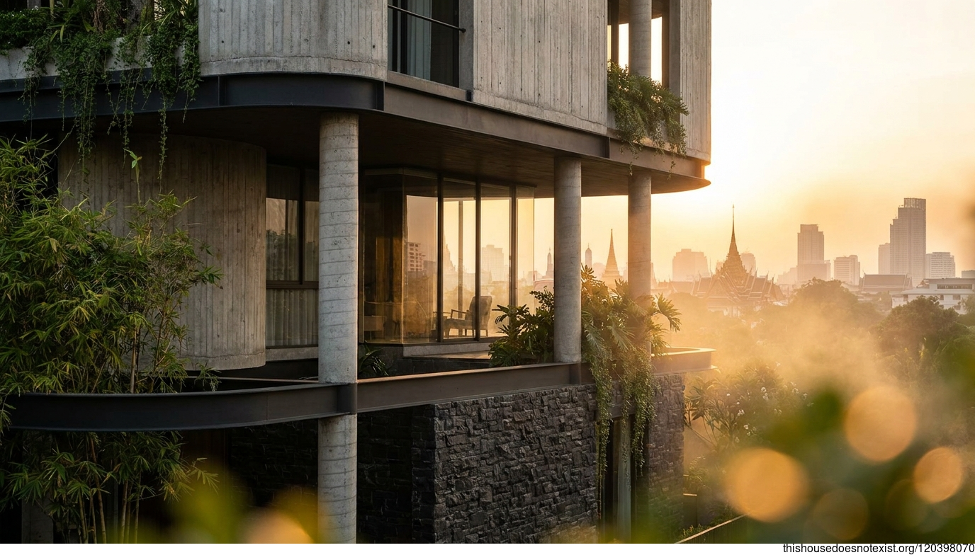 Eco-modern concrete house in Bangkok at sunset