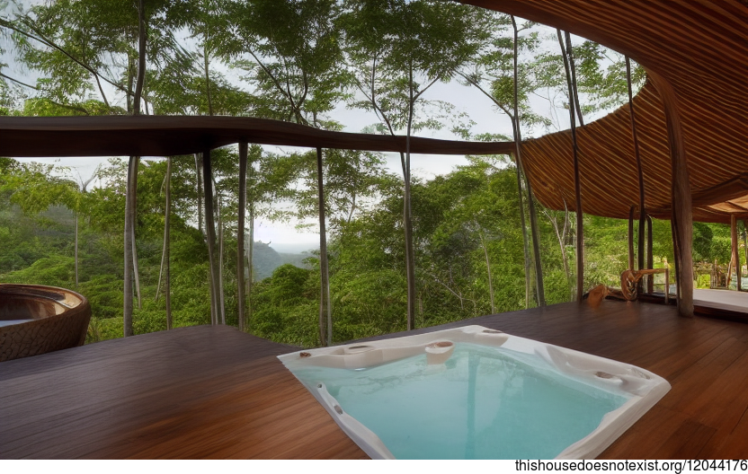 A sustainable, eco-friendly masterpiece of modern architecture, this beautiful home features a hot infinity pool, exposed wood beams, and curved bamboo rocks