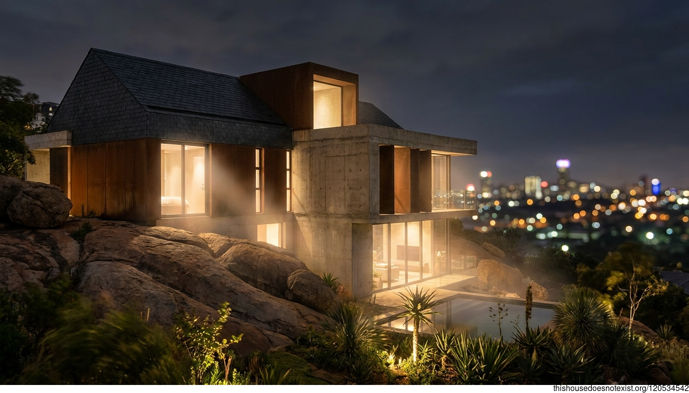 Concrete Brutalist Home at Night, Johannesburg