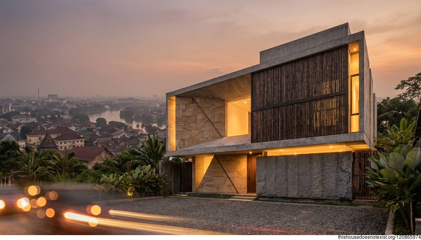Brutalist Concrete House at Pekanbaru Sunset