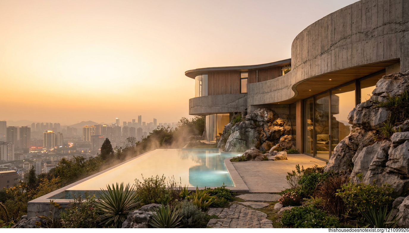 Mid-Century Concrete Curves Over Guiyang Sunset