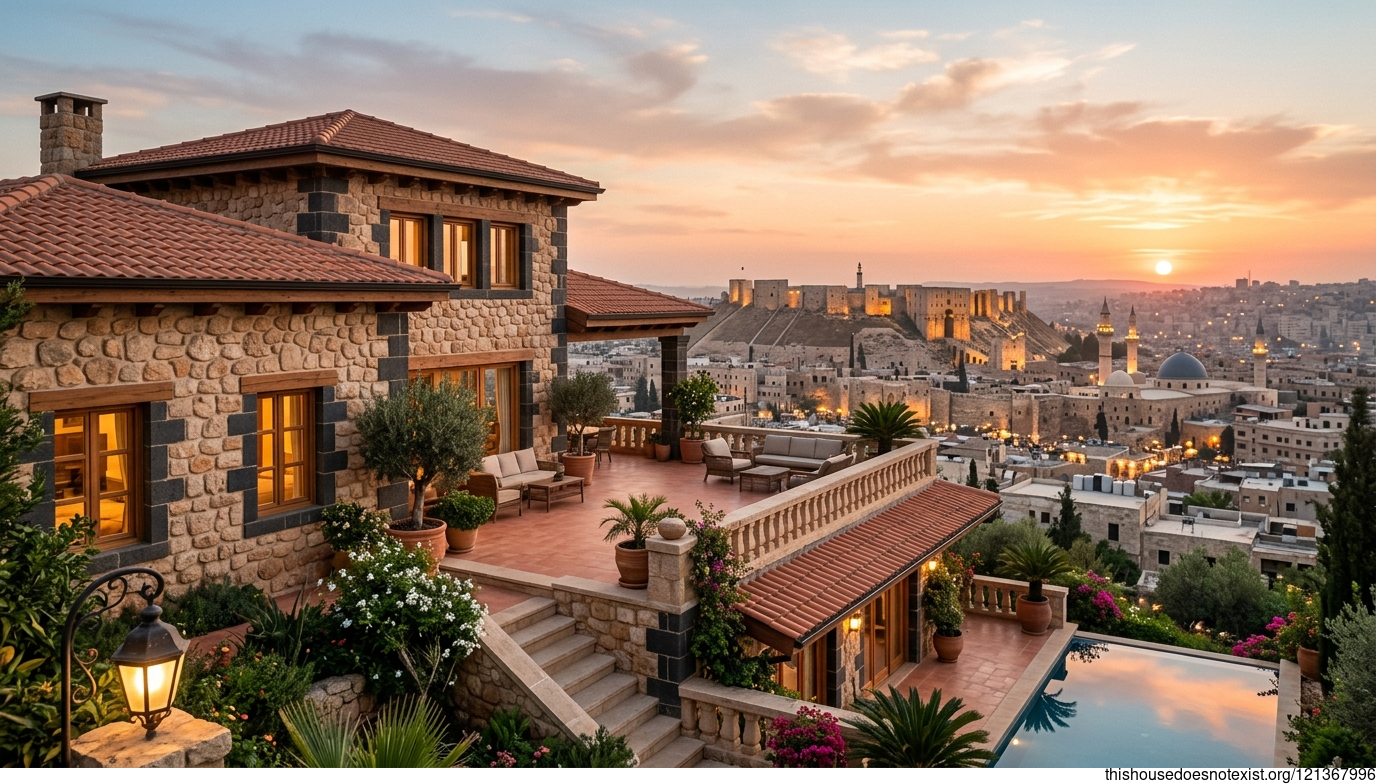 Tropical Round Stone House at Sunset