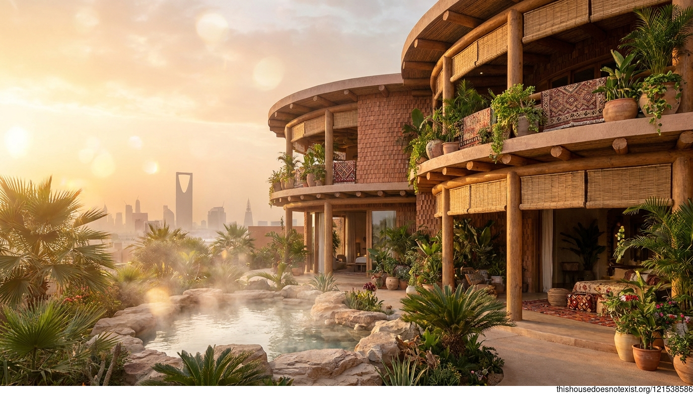 Tropical maximalist house, Riyadh sunset