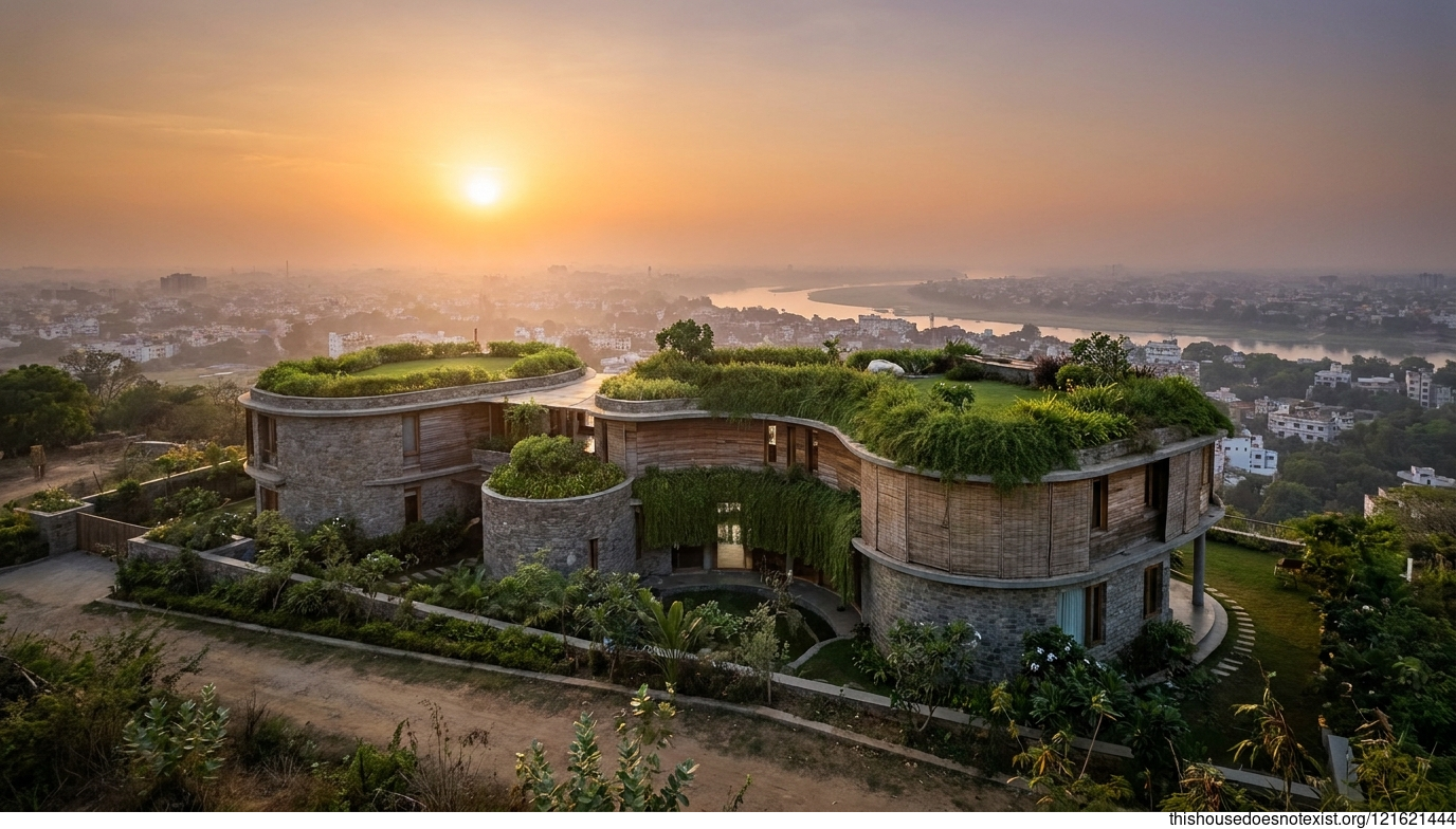 Modern Eco-Maximalist Stone-Cedar Sunset House