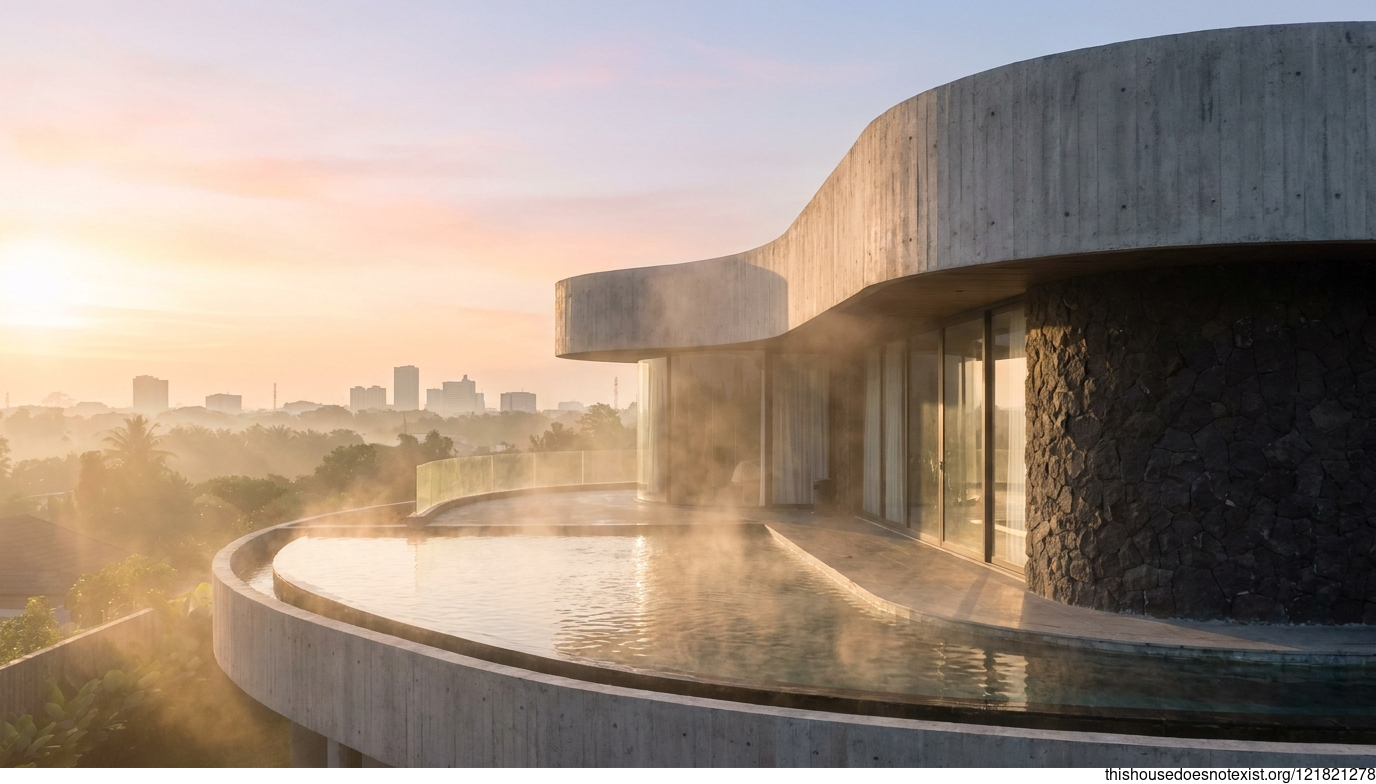 Modern Concrete House with Sunrise Hot Spring