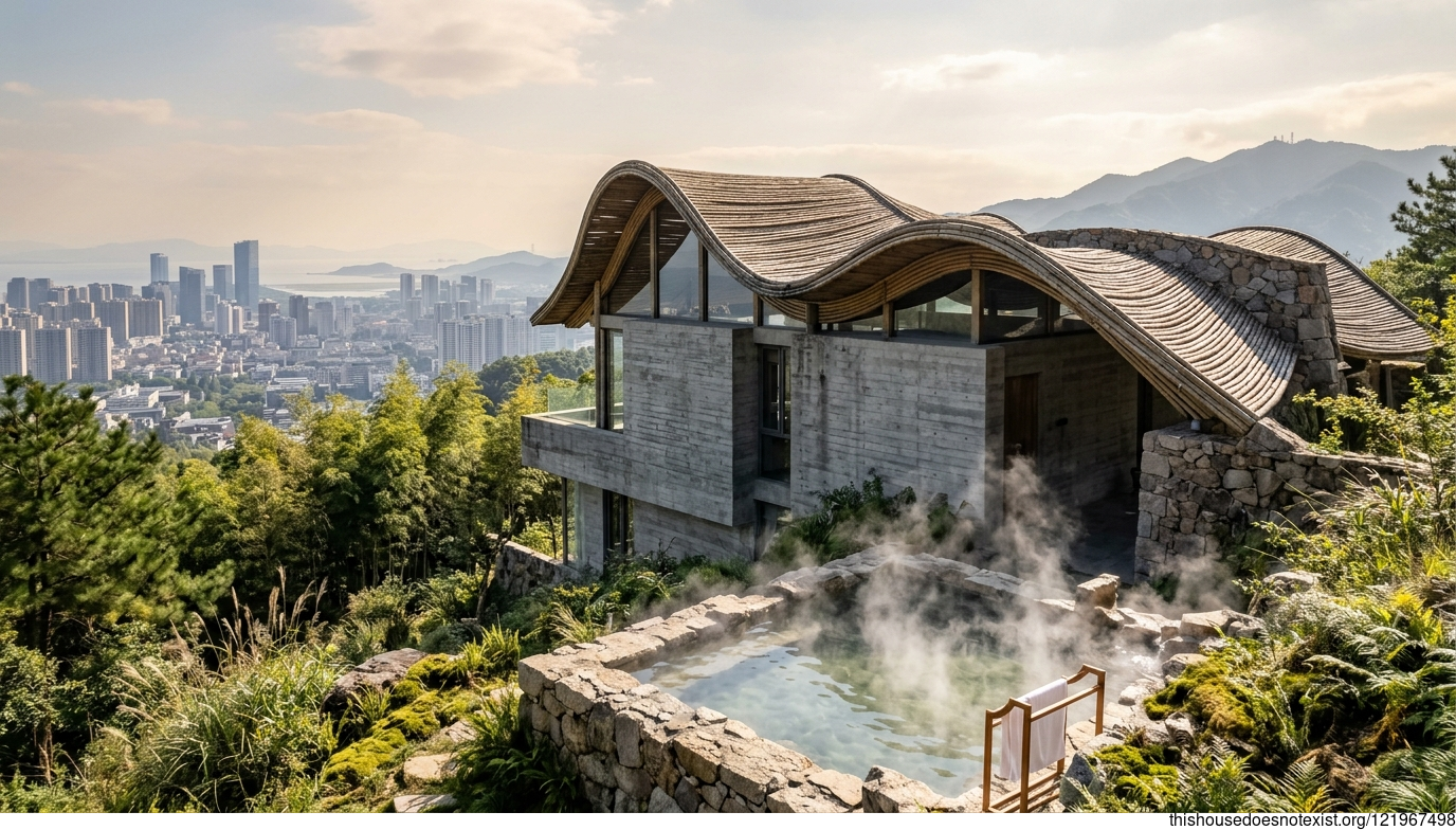 Brutalist Bamboo Curves Over Steaming Ningbo Springs