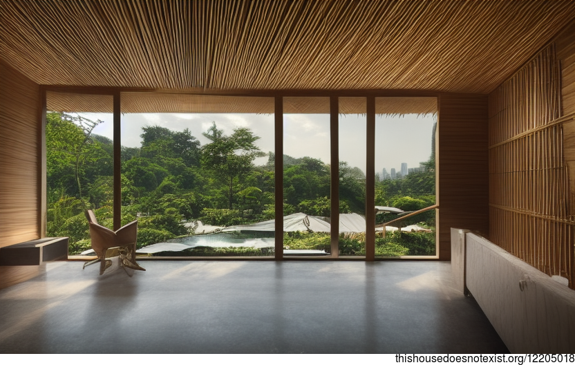 A modern architecture home in Bangkok, Thailand that is made from wood, stone, and bamboo