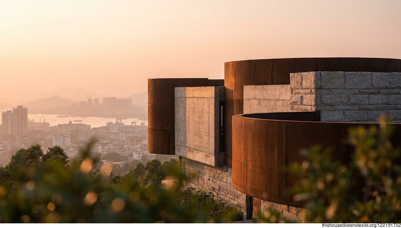 Brutalist Circular Corten House, Shantou Sunset