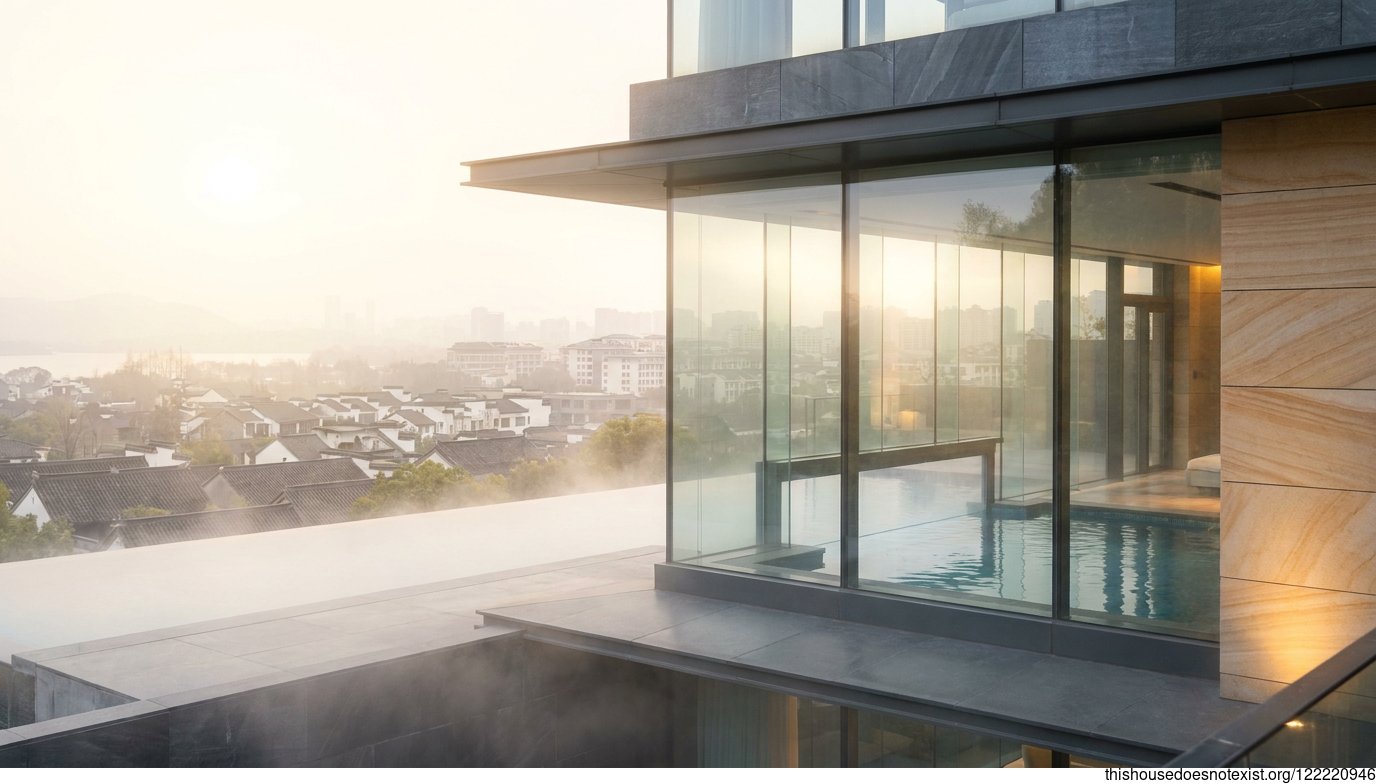 Polished Glass Eco-House Over Hangzhou Sunrise Pool