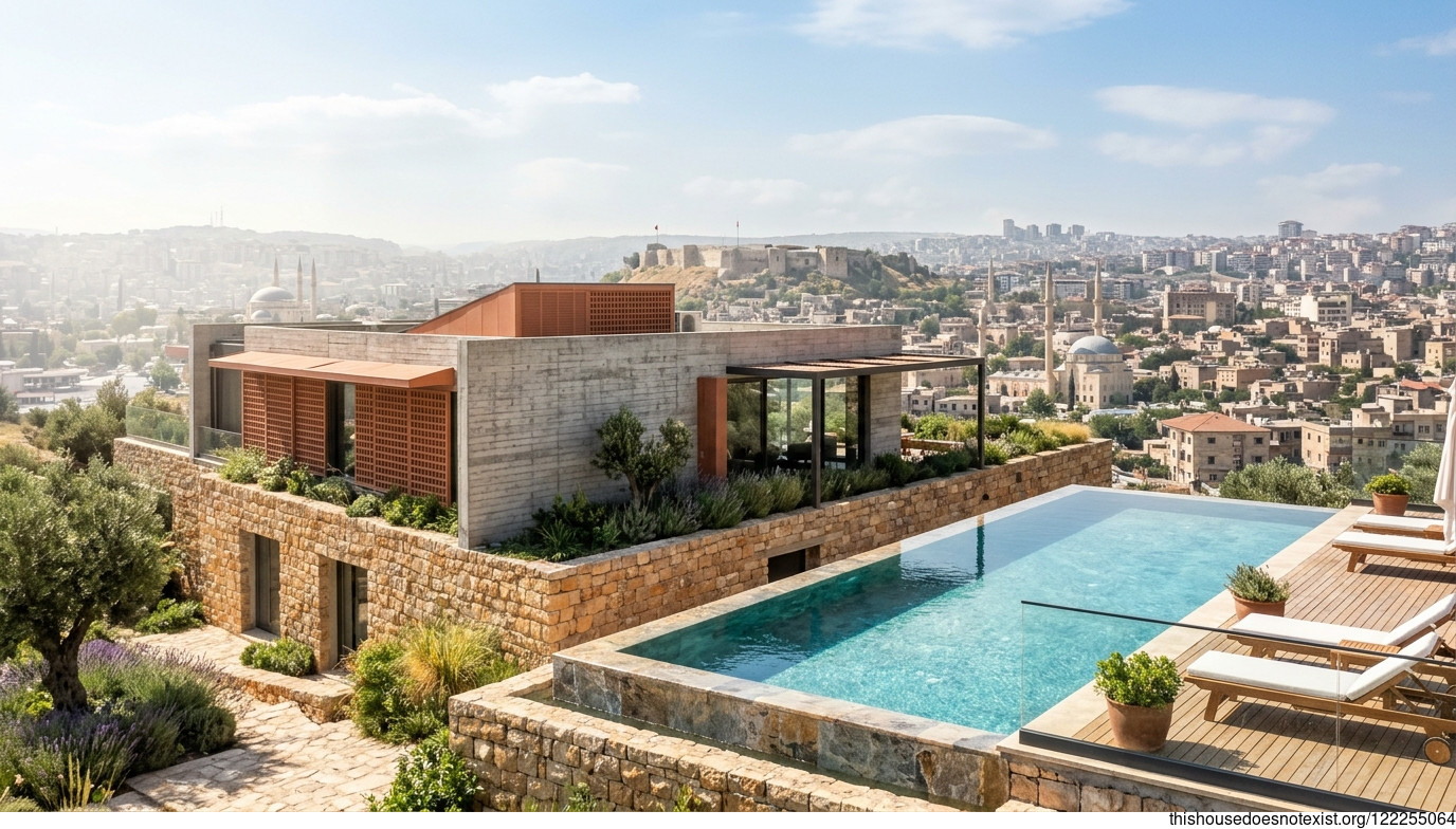 Rectangular Rock House with Infinity Pool
