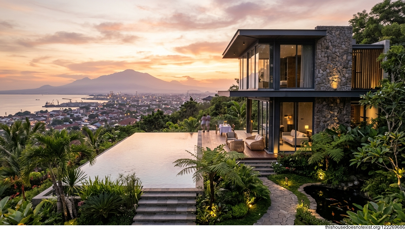 Modern Eco-Garden with Sunset Infinity Pool