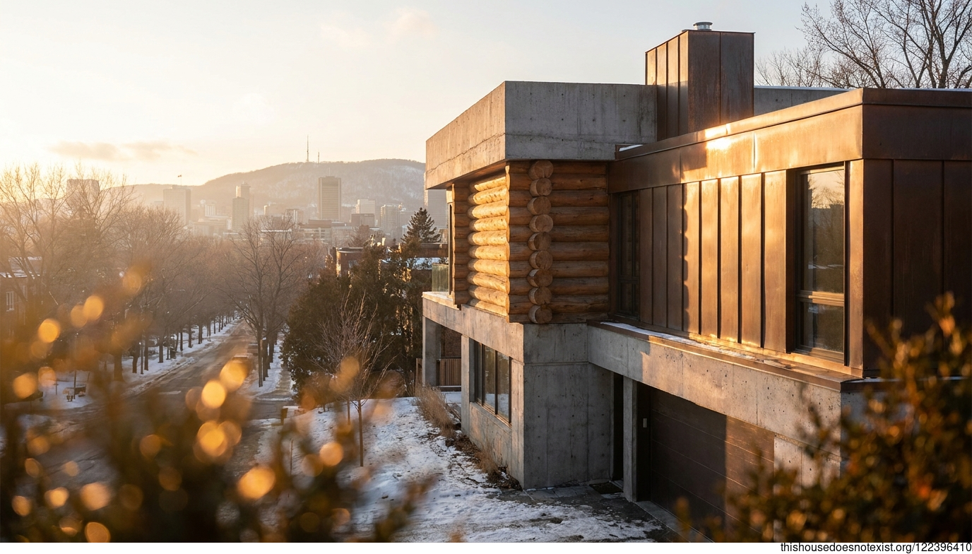Brutalist Cedar Roundhouse at Montreal Sunset