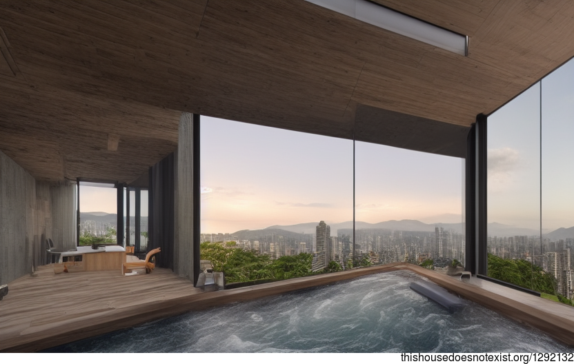 A Modern Architecture Home in Taipei, Taiwan with an Exposed Timber and Glass Exterior, Rocks and a Steaming Hot Jacuzzi