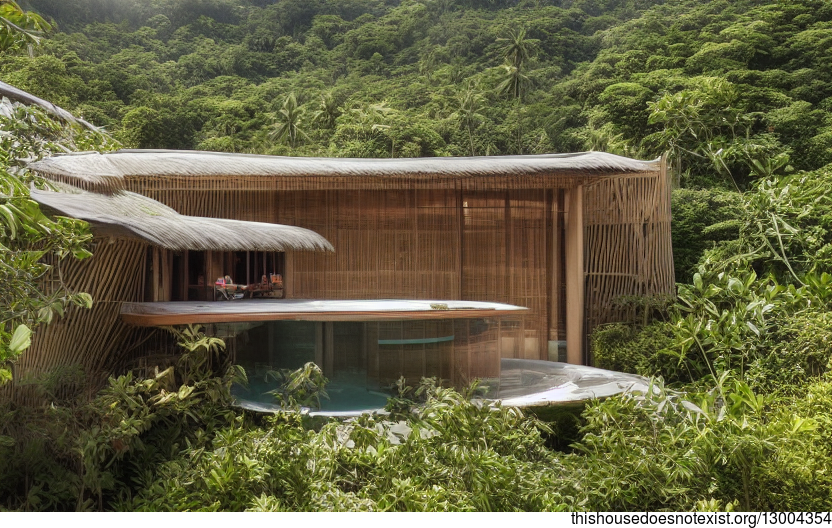 A modern, sustainable architecture home in Thailand, designed with an exposed wood hot tub and curved bamboo rocks