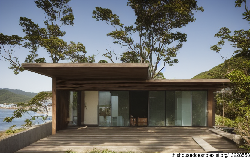 A modern architecture home in Florianopolis, Brazil that is designed with wood, glass, and stone materials for a sustainable and eco-friendly exterior