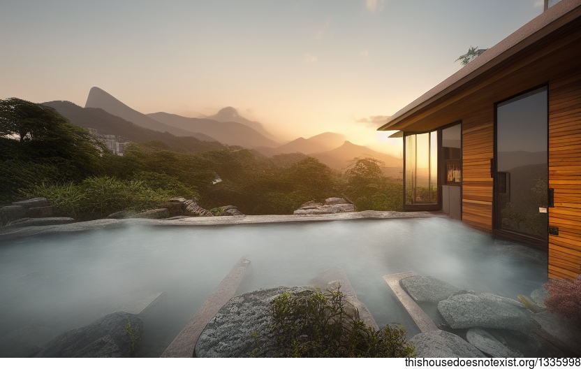 An Exterior Architecture House Designed with Exposed Timber, Glass, and Rocks with Steaming Hot Springs Hot Outside