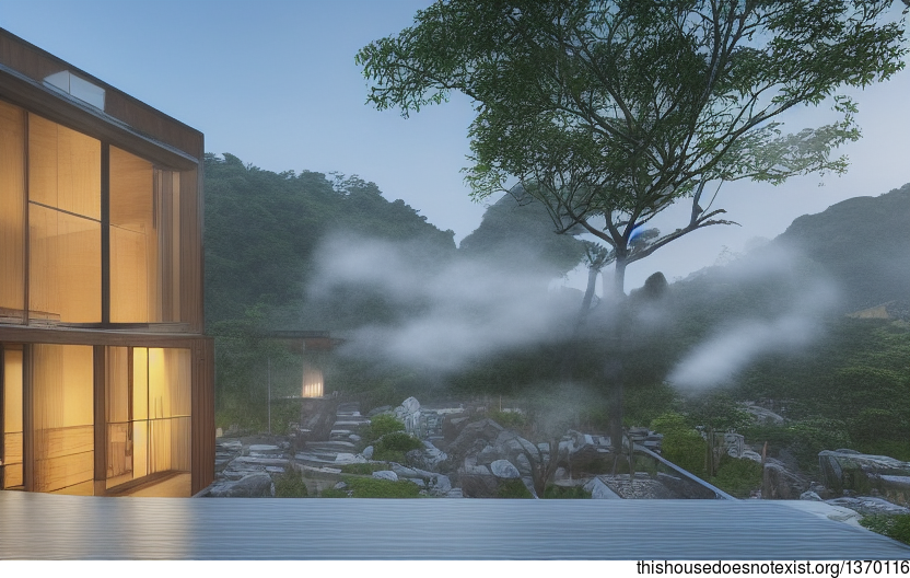 A modern architecture home in Taipei, Taiwan with an exterior of glass and rocks, and a steaming hot spring outside