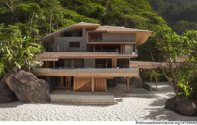 A Curved Stone and Wood House With an Exposed Bamboo Roof in Angra dos Reis, Brazil