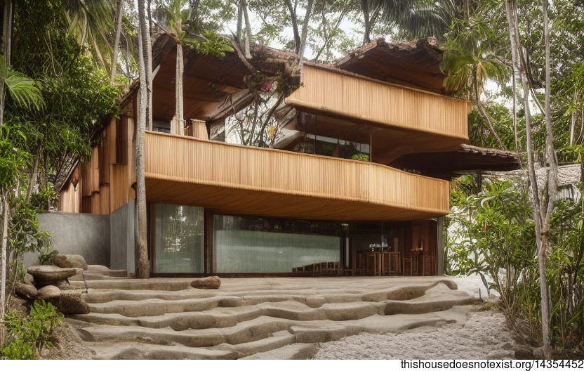 A Sunset Beach House Made of Wood, Stone, and Bamboo