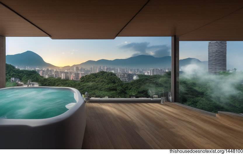A modern architecture home in Taipei with an exterior designed to take in the best of the sunrise, downtown views, and steaming hot jacuzzi