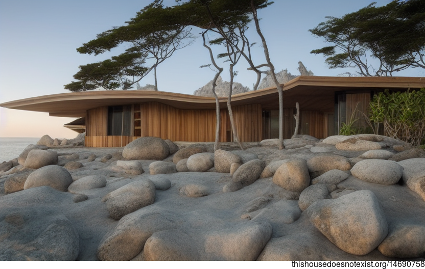 A Curved, Exposed Wood and Stone Home with Bamboo and Rocks