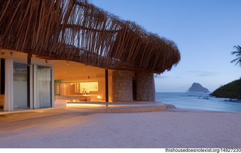 A Curved, Exposed Wood and Stone Exterior With a Bamboo Roofline and Stunning Sunset Views