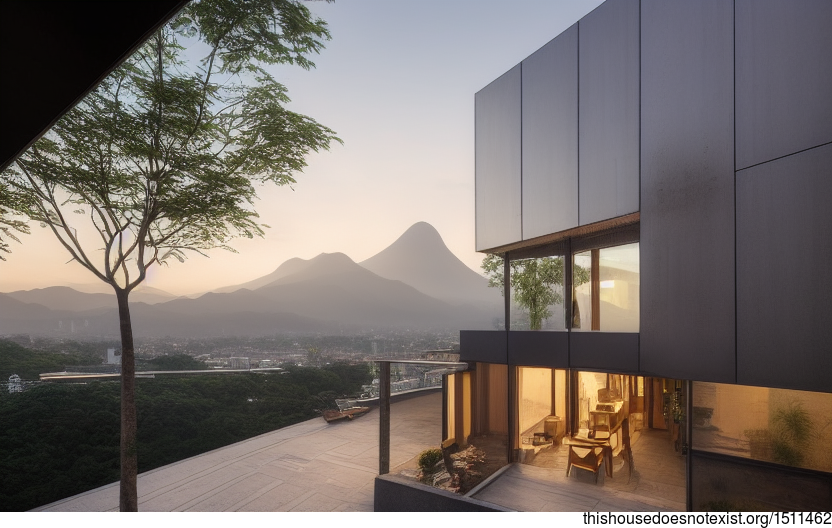 A modern architecture home in Taipei, Taiwan with a view of the sunrise and downtown