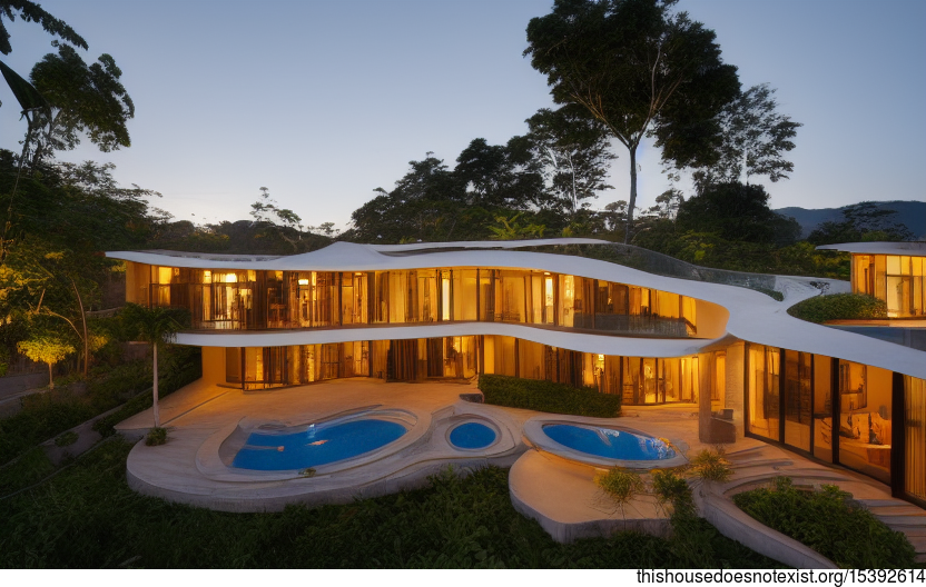 A modern architecture home in Medellin, Colombia with an exposed curved bamboo exterior, glass and stone indoor pool, and stunning sunset views